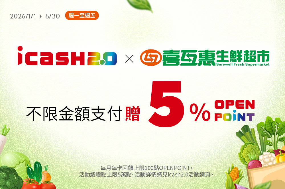 喜互惠超市icash2.0平日消費享5%回饋